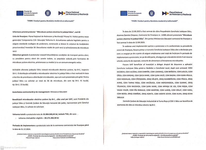 Informare privind proiectul ”Microbuze școlare electrice în județul Sibiu”, cod 40/Planul Național de Redresare și Reziliență/ Pilonul VI. Politici pentru noua generație/ Componenta C15: Educație/Investiția 10 Reforma 6/